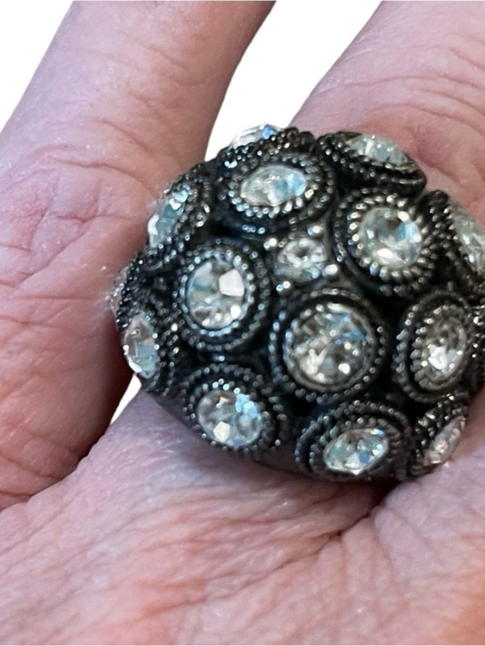 Retro Dome Cocktail Ring - Clear Crystal on Dark Metal-size 7 1/2